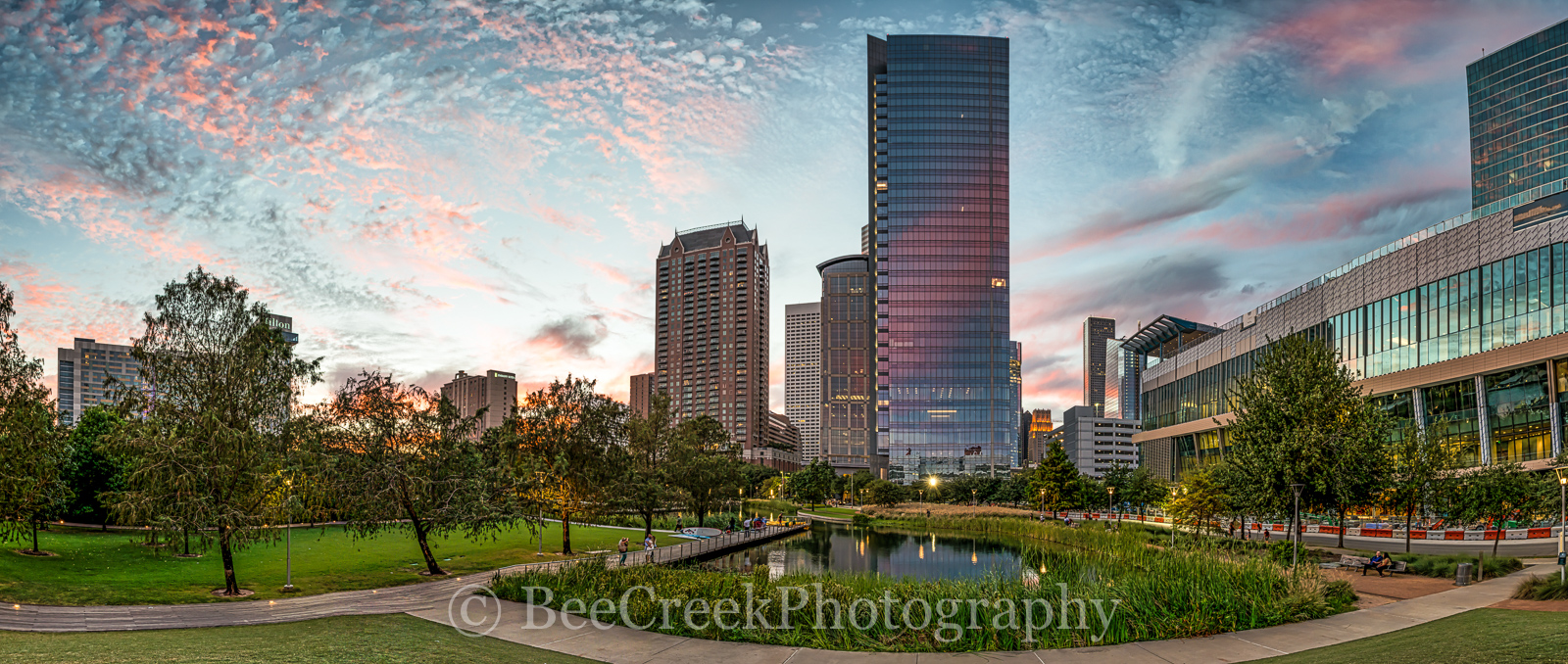 Discovery Green, Houston, cityscape, clouds, color, colors, downtown, high rise, high rises, lake, landscape, pano, panorama, park, pink, reflective, sky, skyline, skyscrapers, sunset
