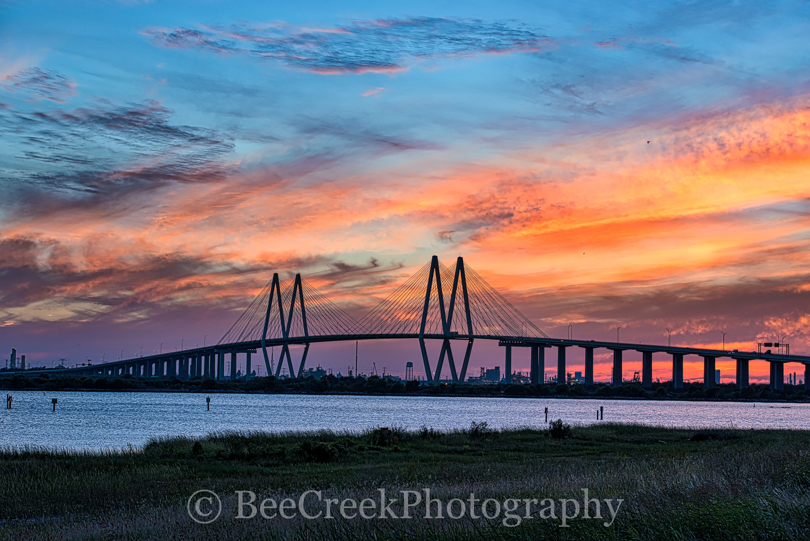 Baytown, Fred Hartman Bridge, Houston, La Porte, blue, firey, oil refineries, oranges, pinks, ship channel, sky, sunset, texas, water