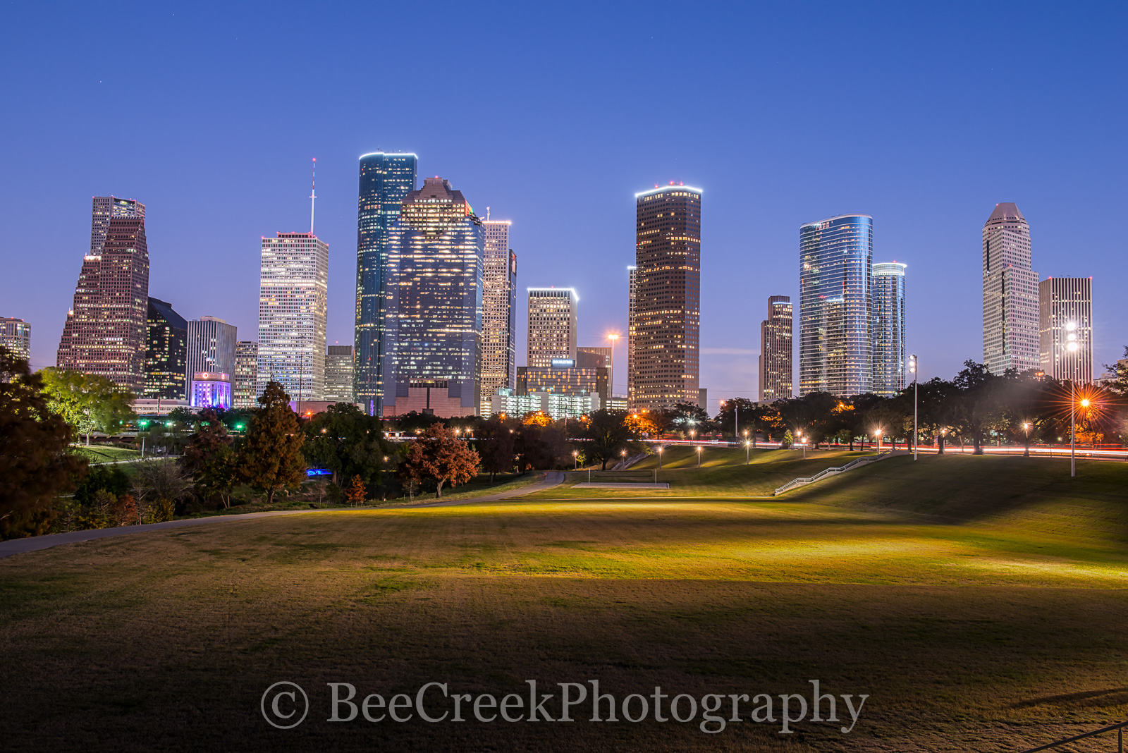 Houston, blue hour, buildings, city, cityscape, cityscapes, downtown, dusk, evening, high rise, lights, night, park, skyline, skylines, skyscrapers, tall, views