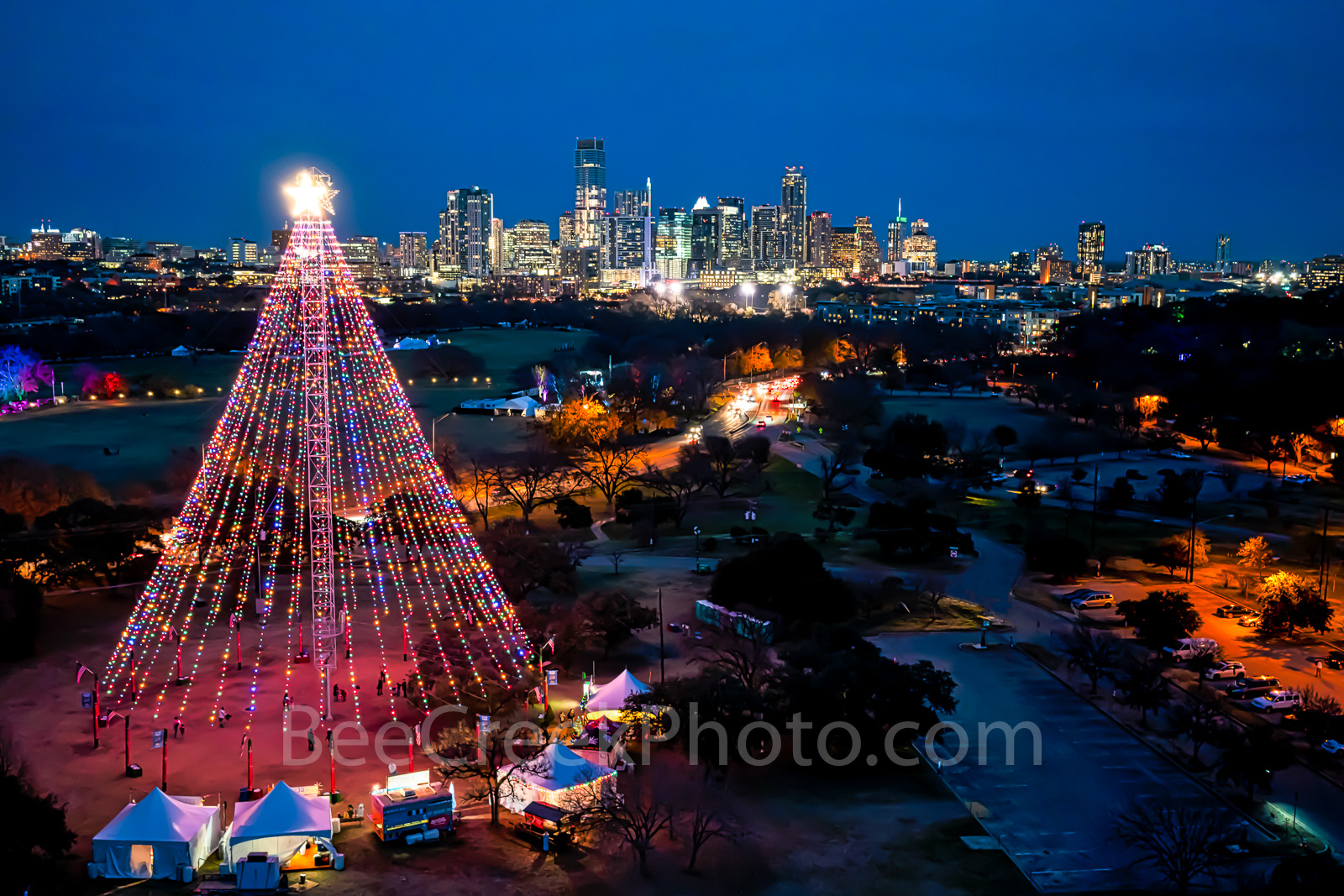 Austin, Aerial, Zilker Christmas Tree, Austin skyline, downtown, city, high rise, moon tower, downtown, zilker holiday tree,