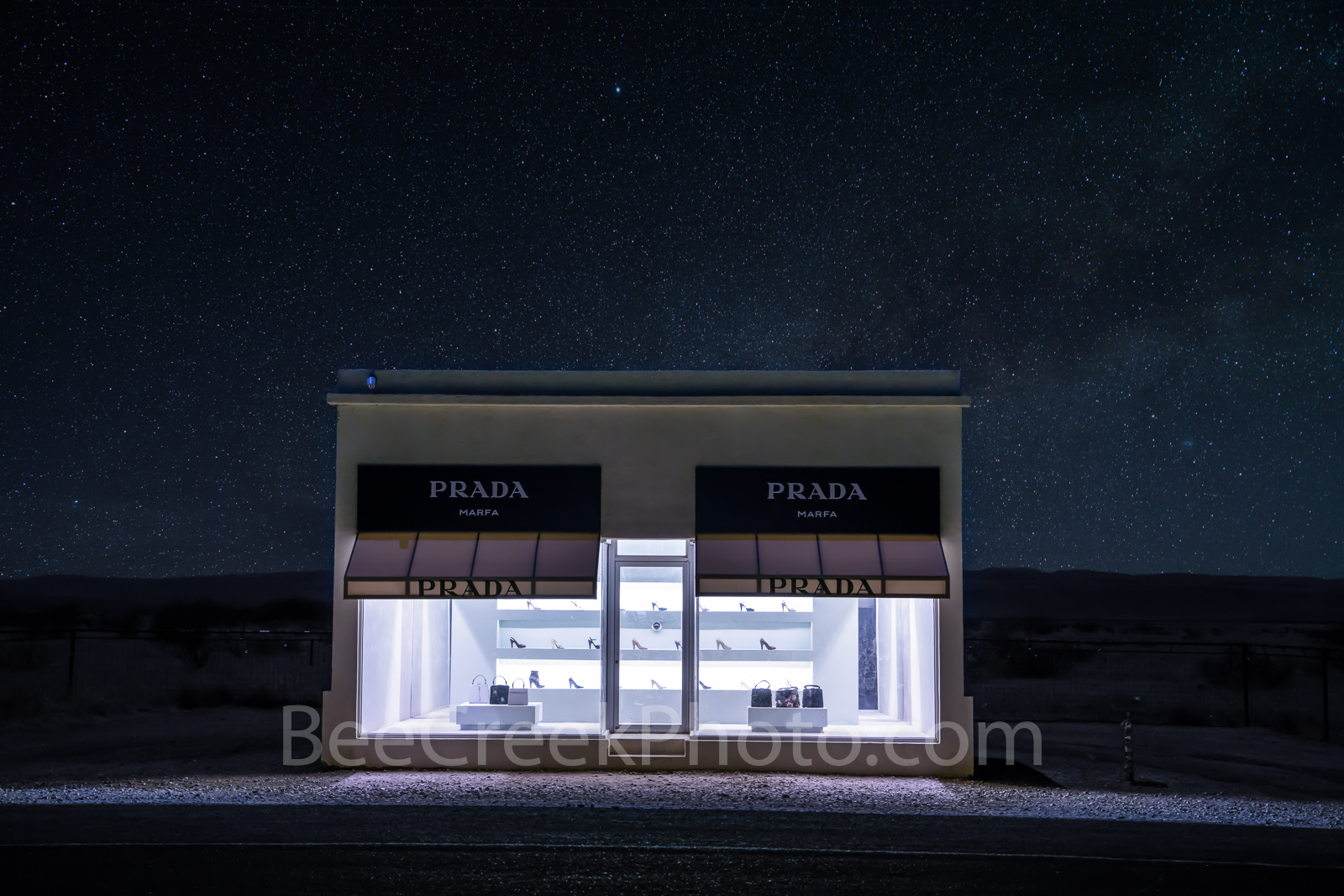 Prada Marfa, stars, night, dark, Marfa lights, west texas, starry, night skies, pop art, artist, Elmgreen and Dragset, pop architectural land art, shoes, purses, store front, west texas landscape,