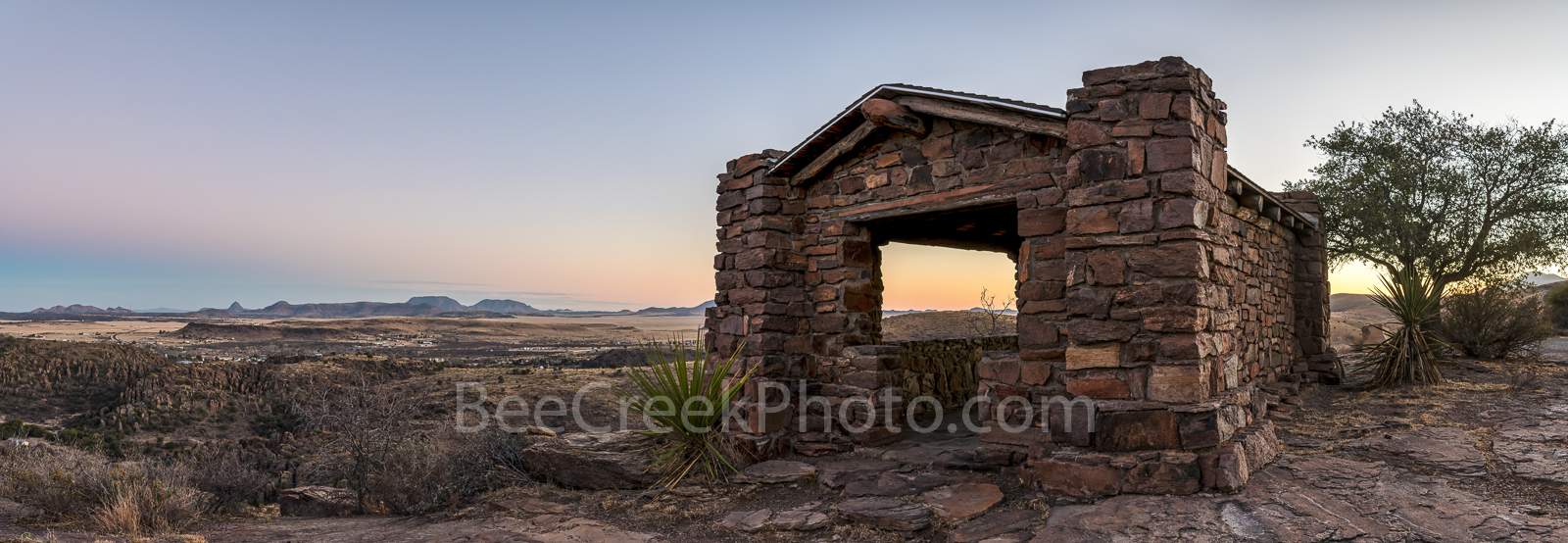 Davis Mountain Sunset Overlook Pano2 - Davis Mountain State Park Pano at the overlook at sunset.  This old rock building was...