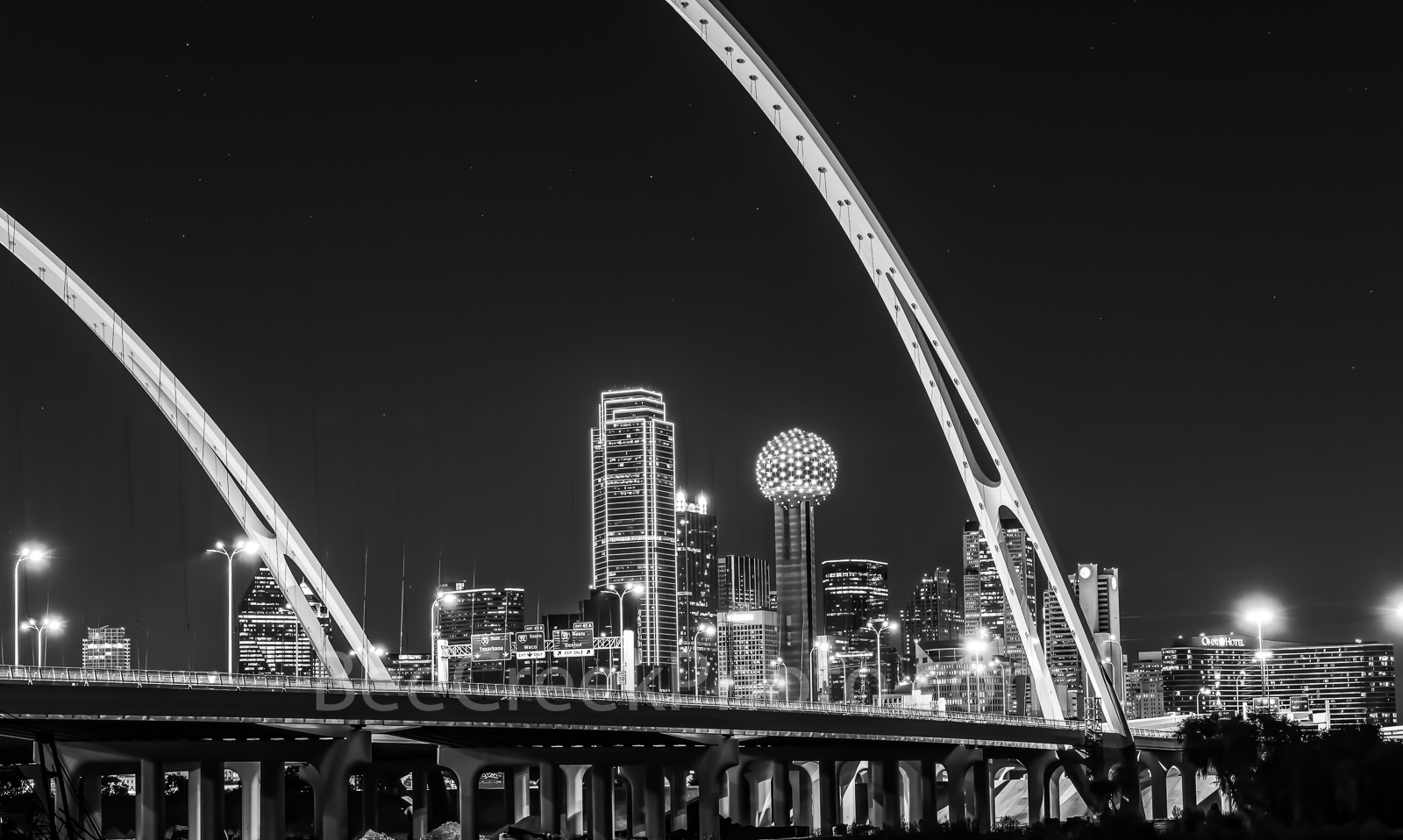 BW Dallas Skyline McDermott Bridge -  The new Margaret McDermott Bridge in downtown Dallas in black and white with city skyline...