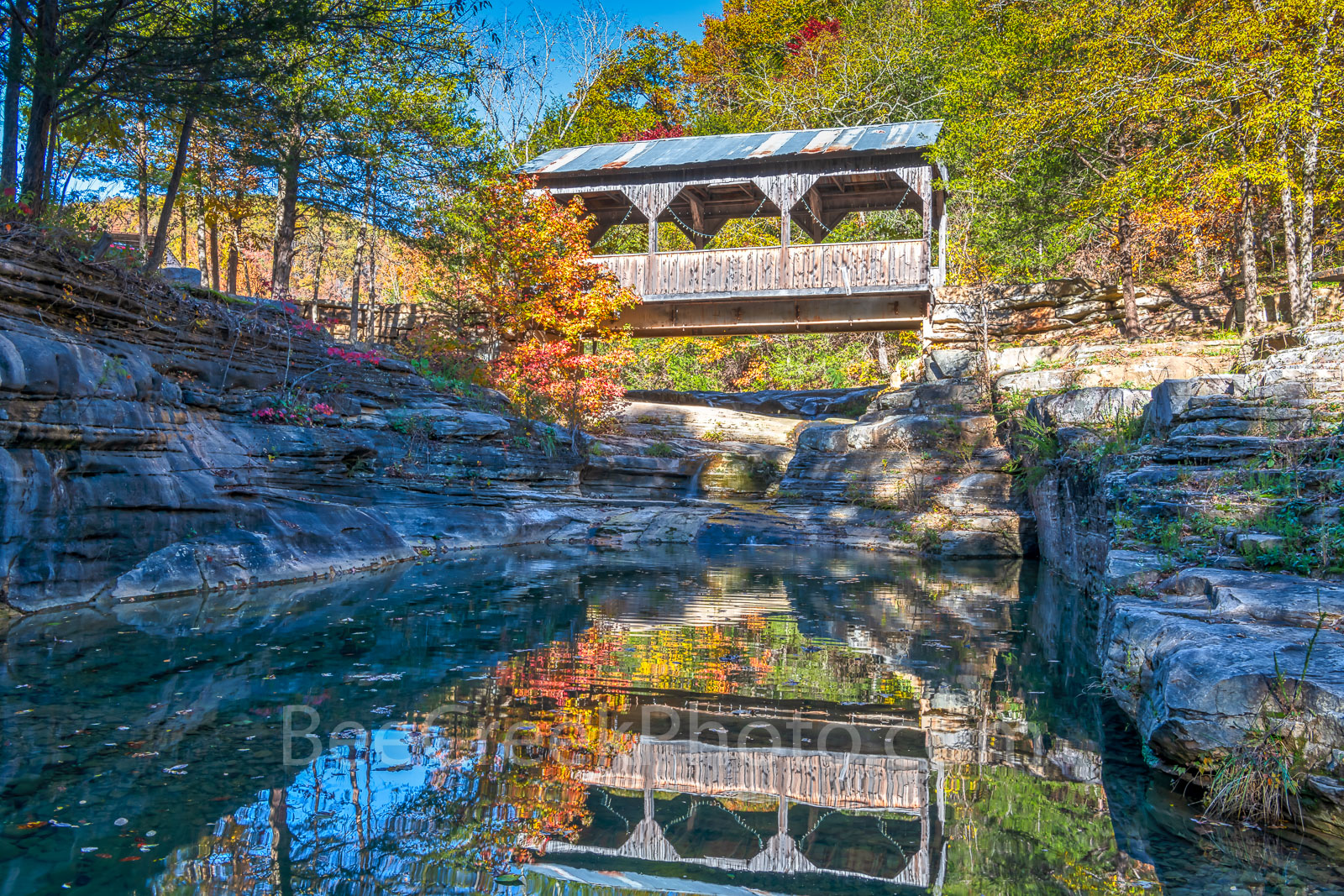 covered bridge, ozarks, fall, autumn, bridge, color, reflection, reflections, autumn, day, pool, water, creek, natural, wilderness, forest,