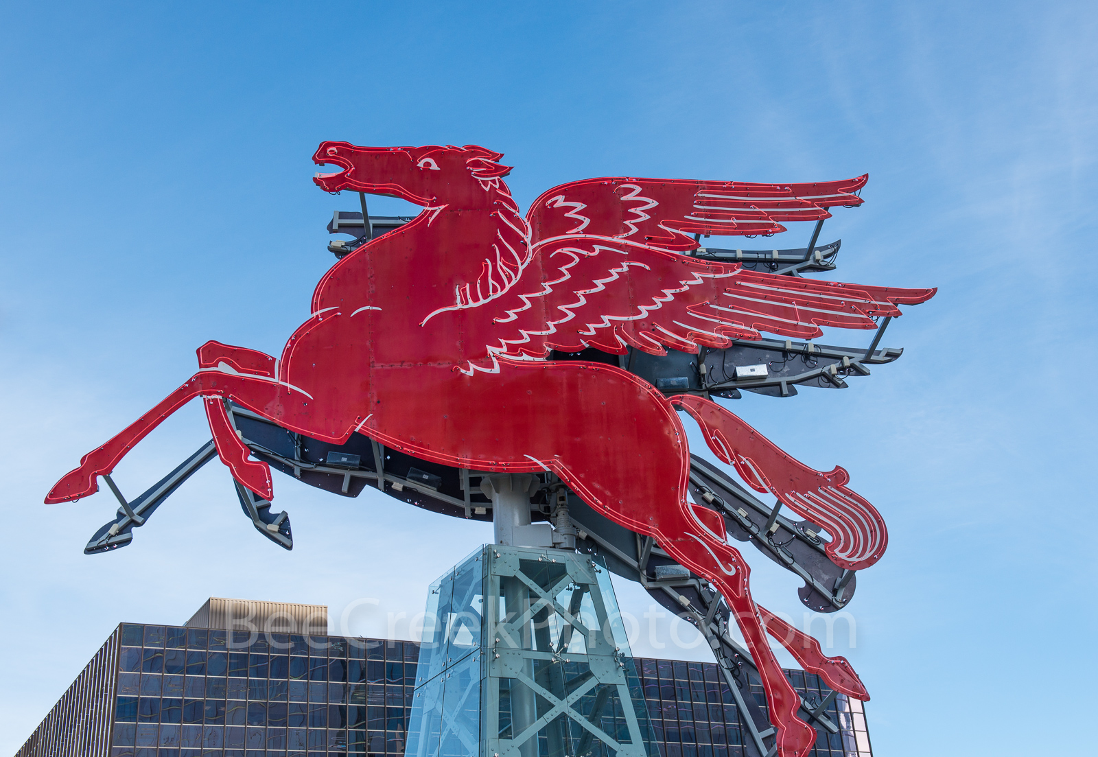 Dallas Flying Pegasus - Here is another close up capture of the Red Flying Horse or Pegasus sitting on top of an oil derrick...