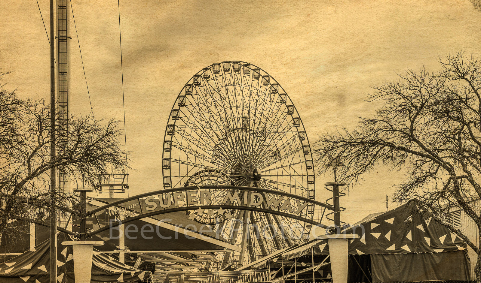 Dallas, Ferris wheel, Texas Star, Texas State Fair, amusement park, rides. museums, vintage, Fair Park, State fair, America, 1800, landmark, music events, beer gardens, auto show, sepia,