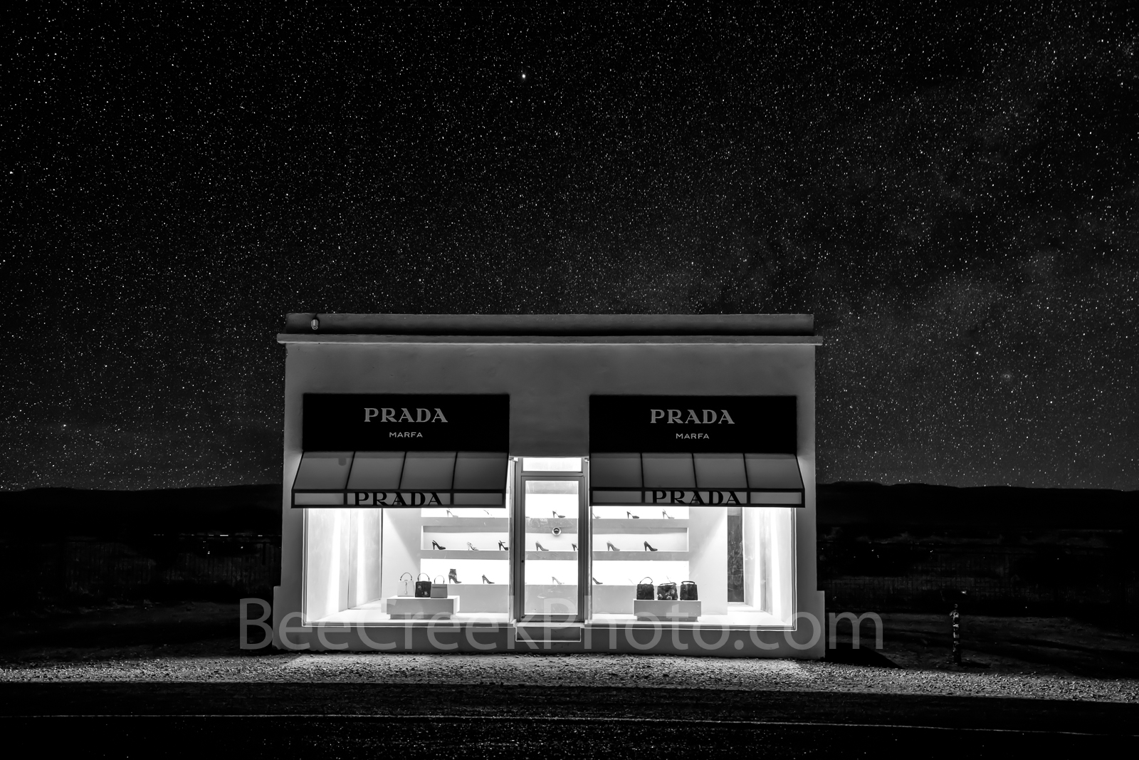 Prada Marfa BW - Another capture of the Prada Marfa in black and white at night with a starry night sky. In this Prada Marfa...