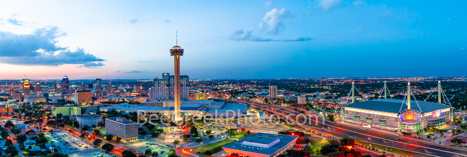 San Antonio Skyline at Twilight, San Antonio, skyline, dusk, twilight, aerial, Tower of America, Tower Life, Alamodome, building, Drury Hotel, Grand Hyatt, George B. Gonzales, convention center, histo