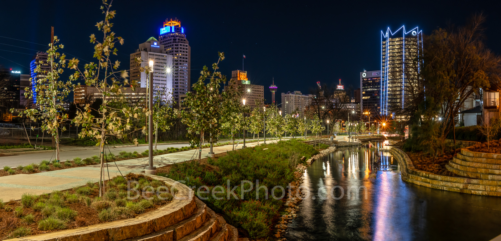 San Antonio Skyline, San antonio, Frost Tower, San Pedro Creek, san antonio images, san antonio skyline pictures, san antonio skyline photos. reflections, water, Tower of Americas, Drury Hotel, Wyda