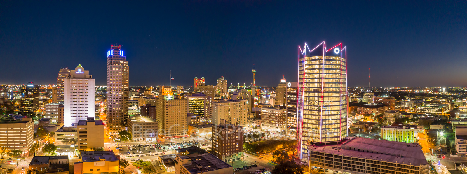 San Antonio Skyline Night Panorama - This San Antonio Skyline night pano is the first close up with the new Frost Tower in it...