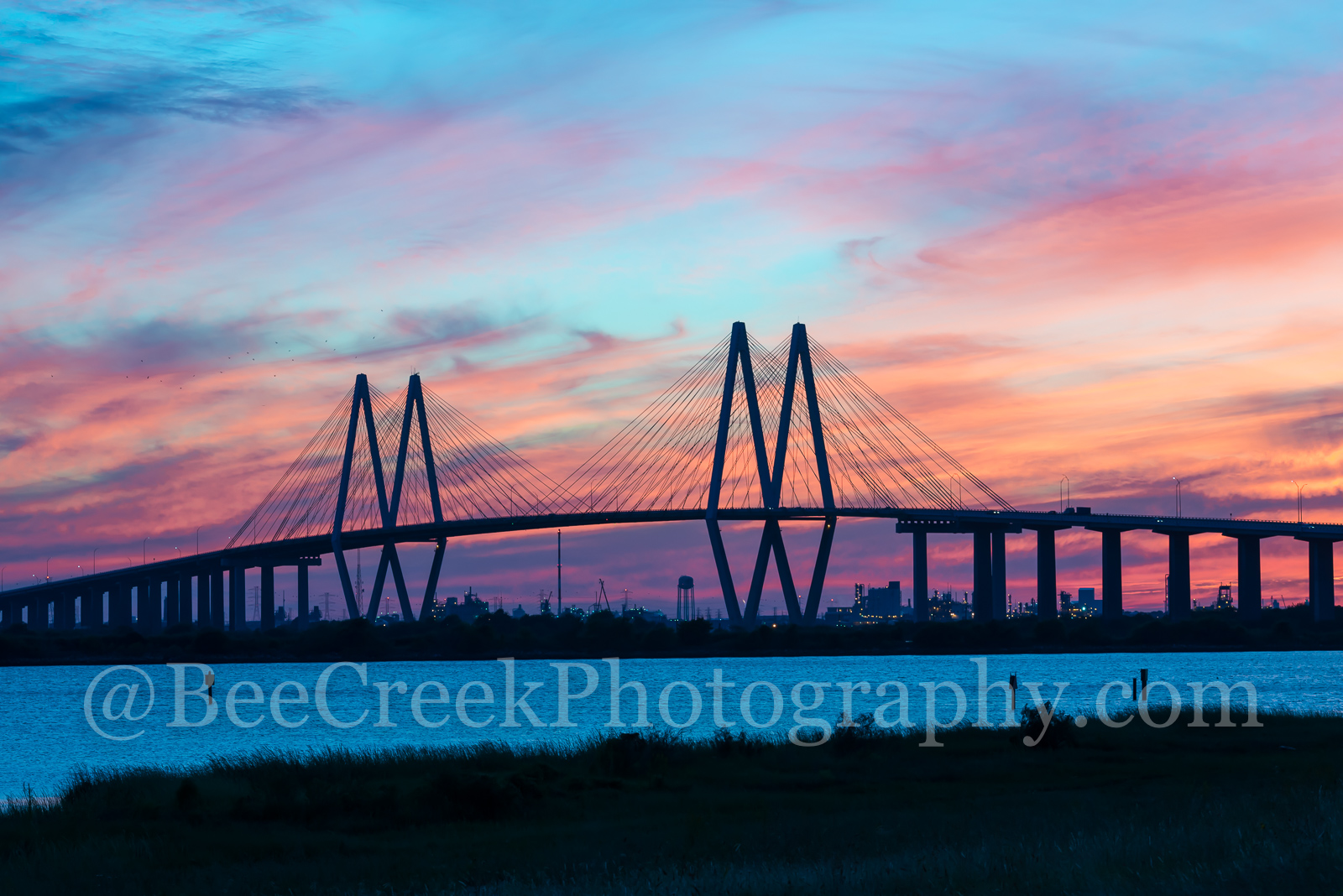 Baytown, Harris County, Houston, La Porte, architectural, architecture, cable stay bridge, city, cityscape, cityscapes, colorful, landscape, landscapes, orange, pinks, ship channel, sky, sunset, texas