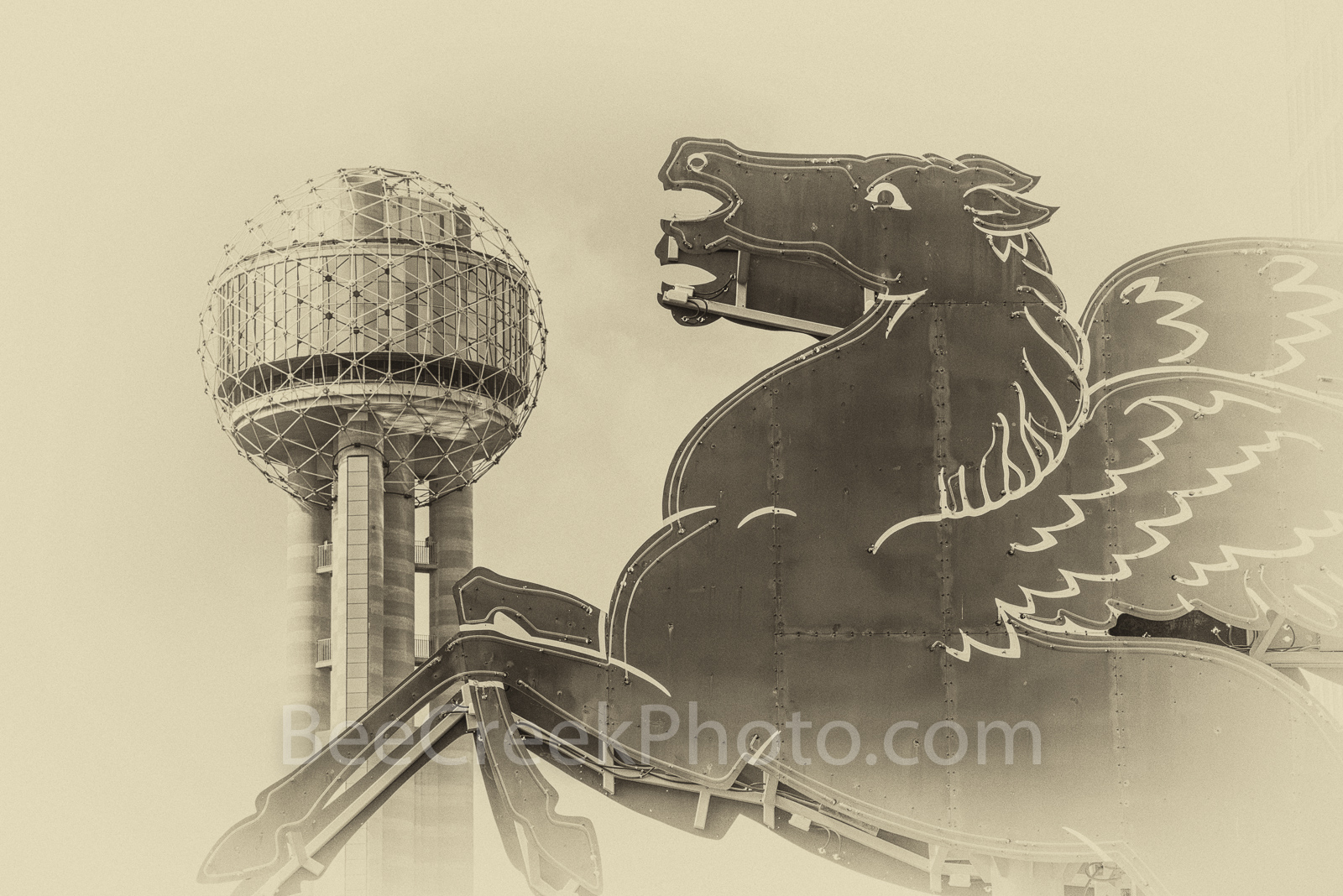 Dallas Pegasus with Reunion Tower, Dallas, pegasus, reunion tower, iconic, downtown, city, landmarks, vintage, sepia, Dallas, city, Dallas stock photos,